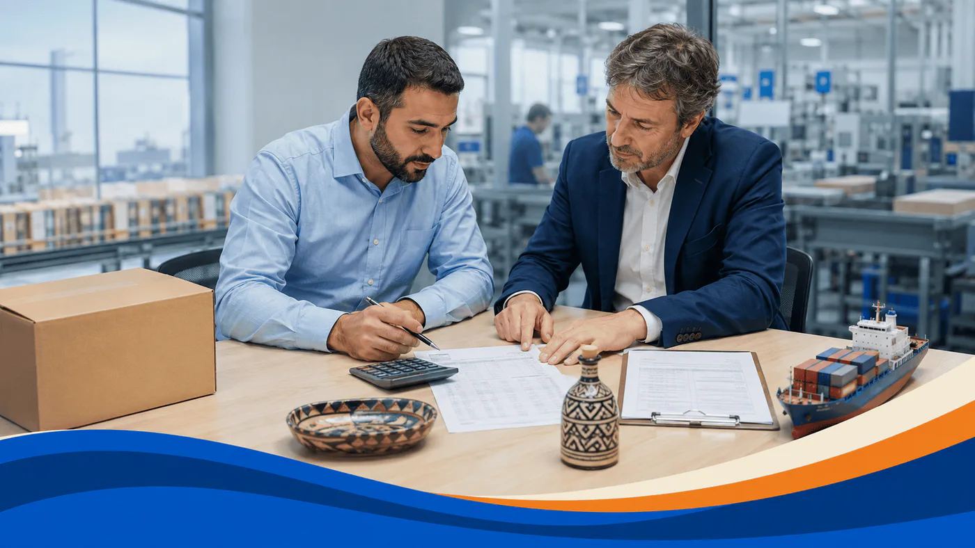 Armenian manufacturer and international buyer calculating export pricing with a product sample, carton, calculator, and shipping documents.