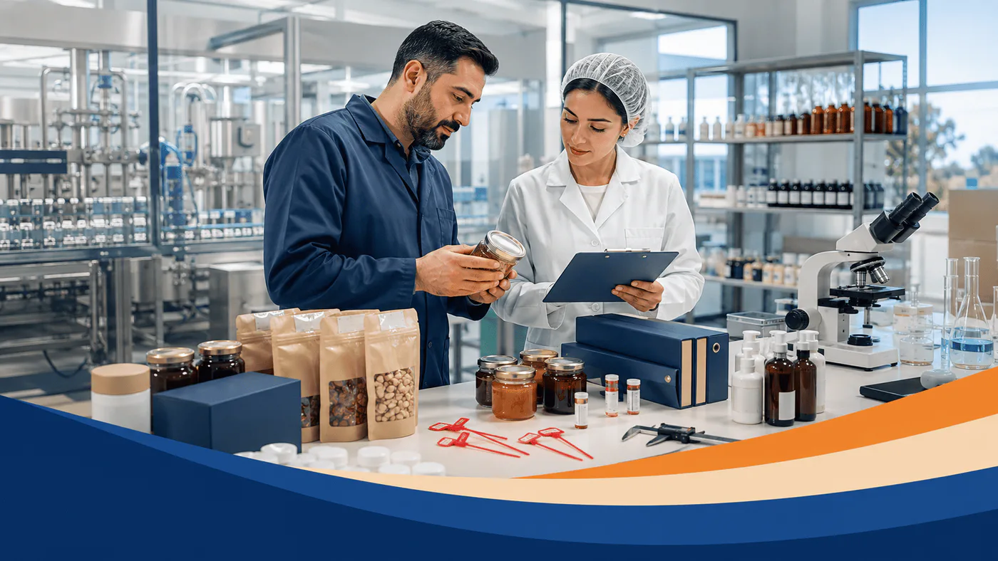 Armenian manufacturer and quality specialist inspecting product samples, laboratory equipment, seals, and certification folders in a modern facility.