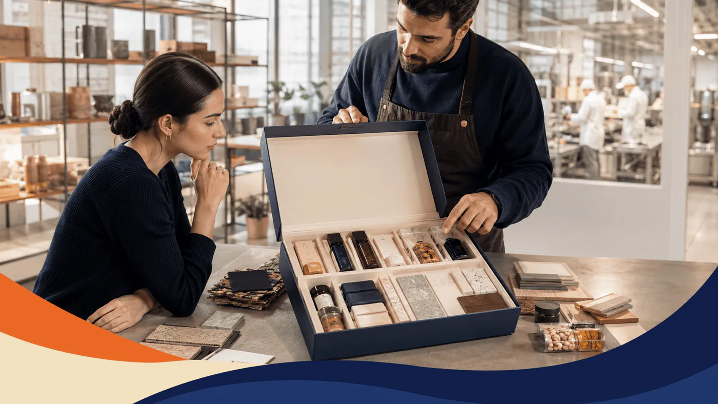 Manufacturer presents a premium export sample box containing packaged foods, cosmetic bottles, textiles, wood, and stone samples to a buyer.
