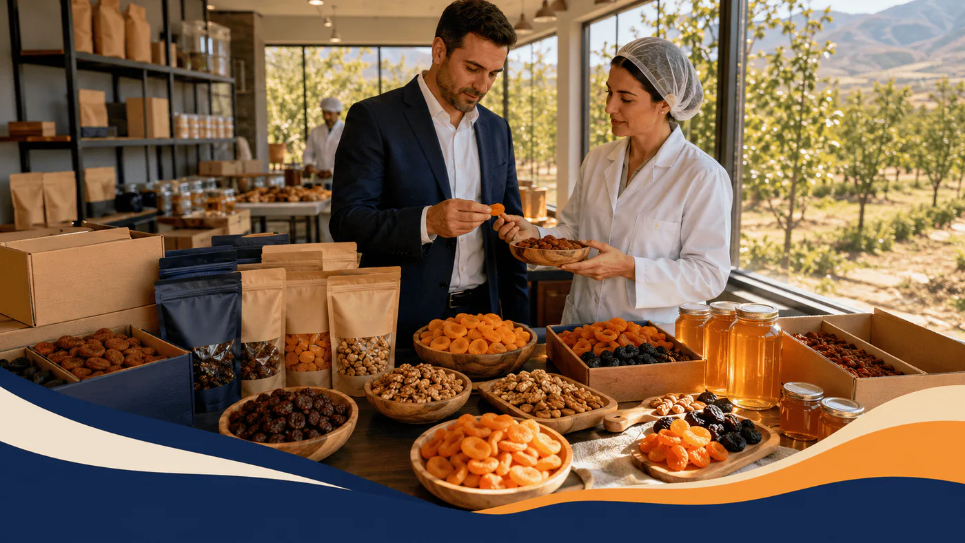Buyer and Armenian food producer evaluate dried apricots, prunes, nuts, honey jars, retail pouches, and bulk cartons in a tasting room.