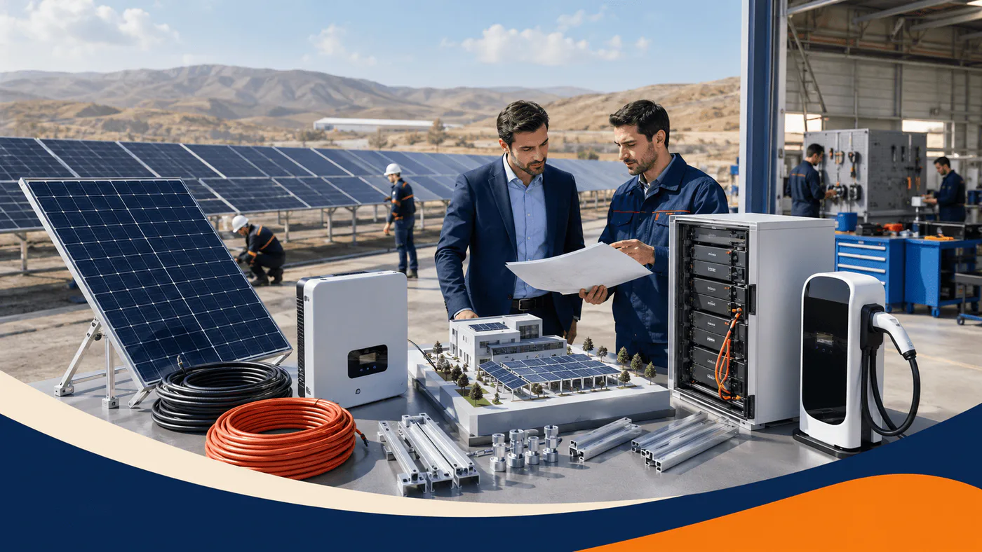 Armenian engineer and buyer review solar panels, inverter, battery storage, charging equipment, cables, mounting parts, and a project model.