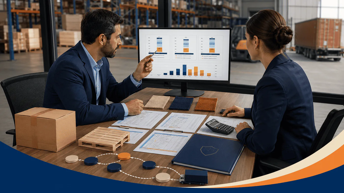 Procurement manager and supplier compare three quotations, product samples, a carton, pallet, calculator, freight costs, and total-cost charts.