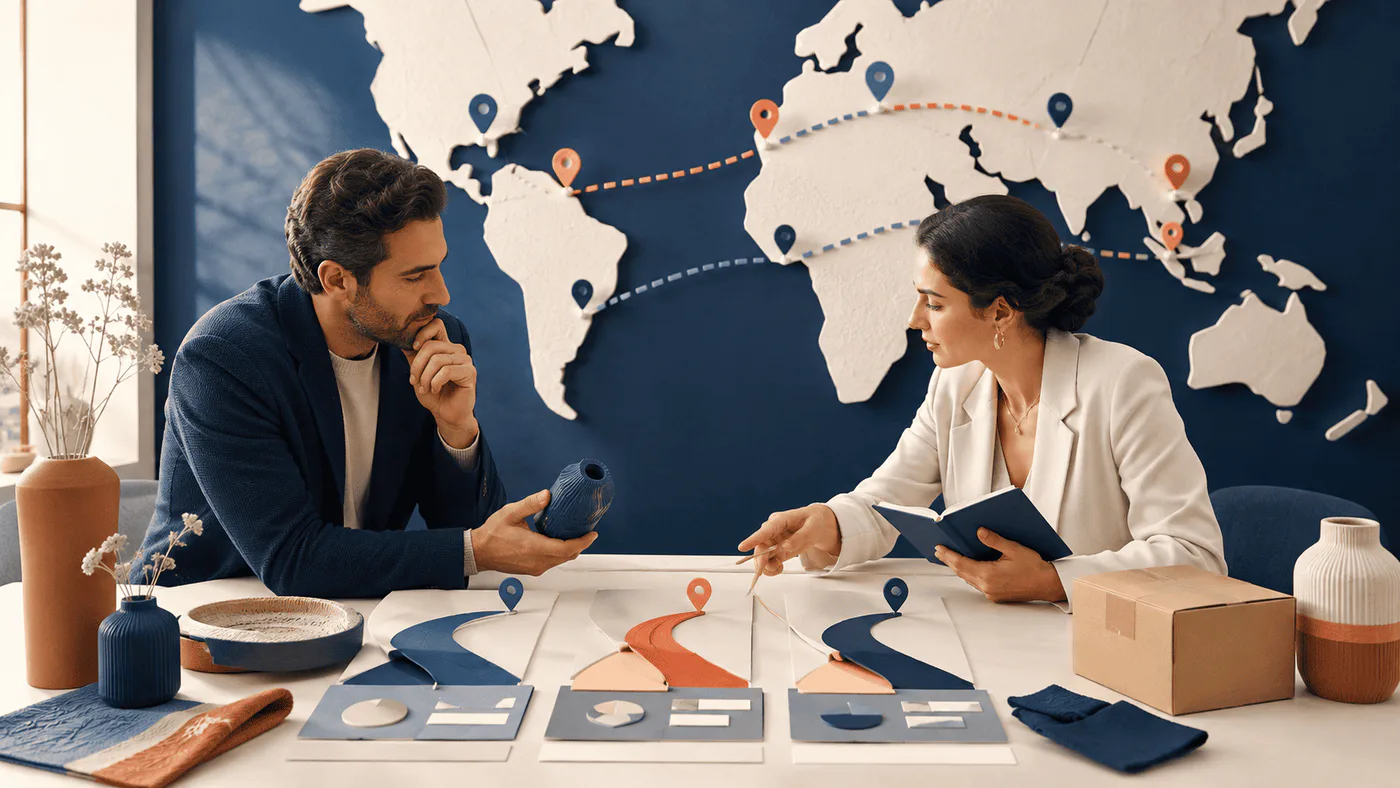 Armenian business team comparing international market routes with product samples, planning cards, and an export carton.