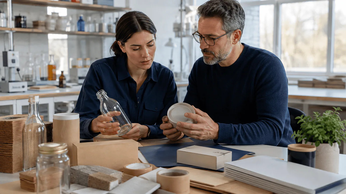 Packaging engineer and brand manager examine glass, paper, cardboard, and reusable container samples in a daylight materials lab.