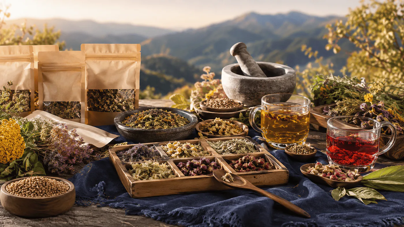 Armenian herbs, dried flowers, tea blends, spice seeds, infusion cups, sample pouches, and quality trays arranged on a mountain-side tasting table.