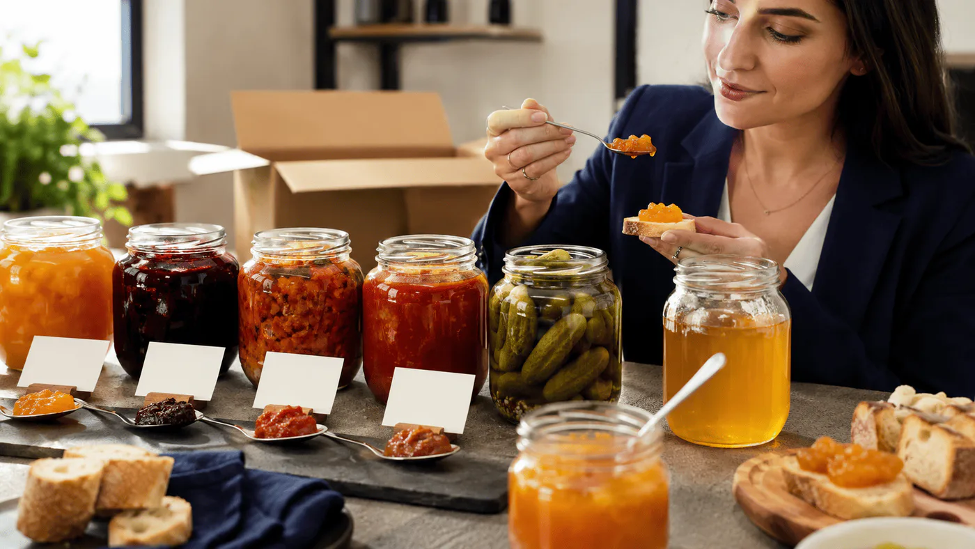Buyer tastes unbranded Armenian-style preserves beside jars of fruit spread, vegetable sauce, pickles, honey, sample cards, and cartons