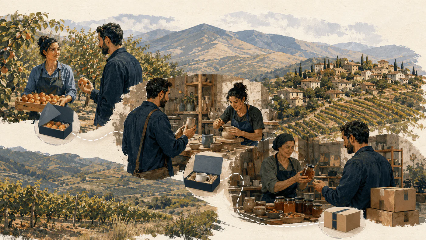 Buyer visits Armenian regional fruit growers, a craft workshop, and a small food producer connected through samples and export cartons.