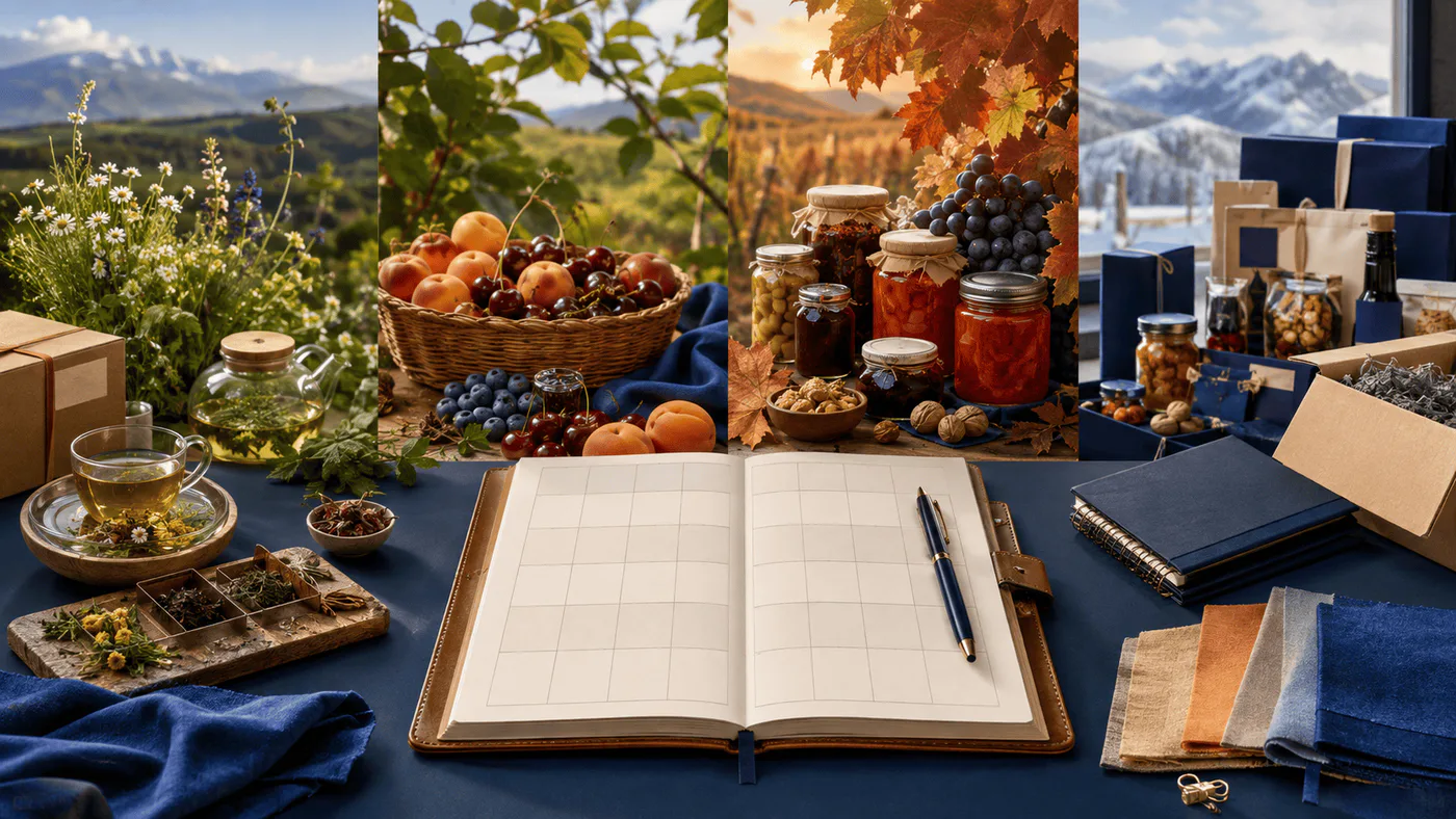 Four-season wholesale planning desk with spring herbs, summer fruit, autumn preserves and grapes, winter gift boxes, cartons, and an open calendar.