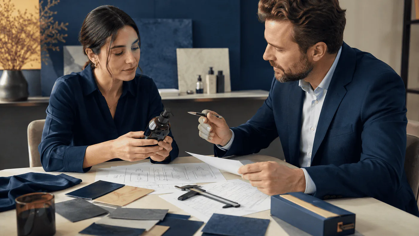 Buyer and Armenian supplier compare a physical product, material swatches, measuring tools, packaging sample, and controlled specification sheets.