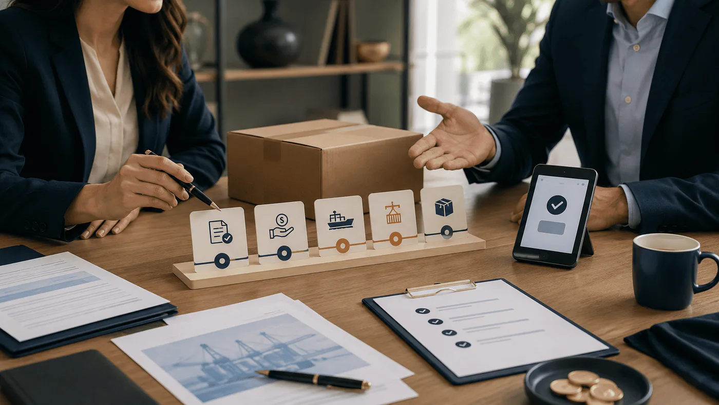 Armenian exporter and international buyer review payment milestones, bank documents, invoice, shipment plan, and a secured goods carton.