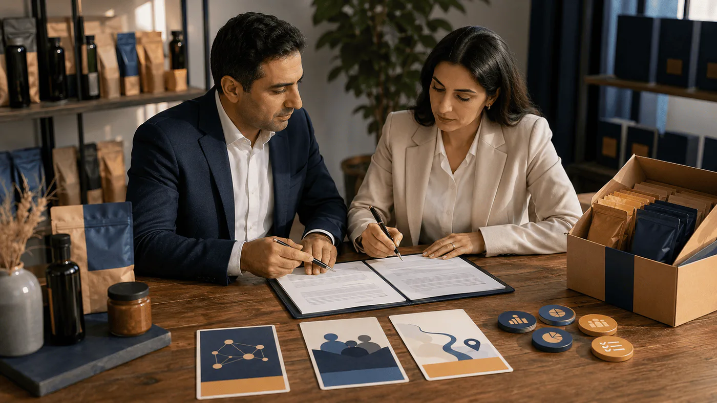 Armenian manufacturer and distributor review territory cards, product samples, channel plans, performance milestones, and a balanced agreement.