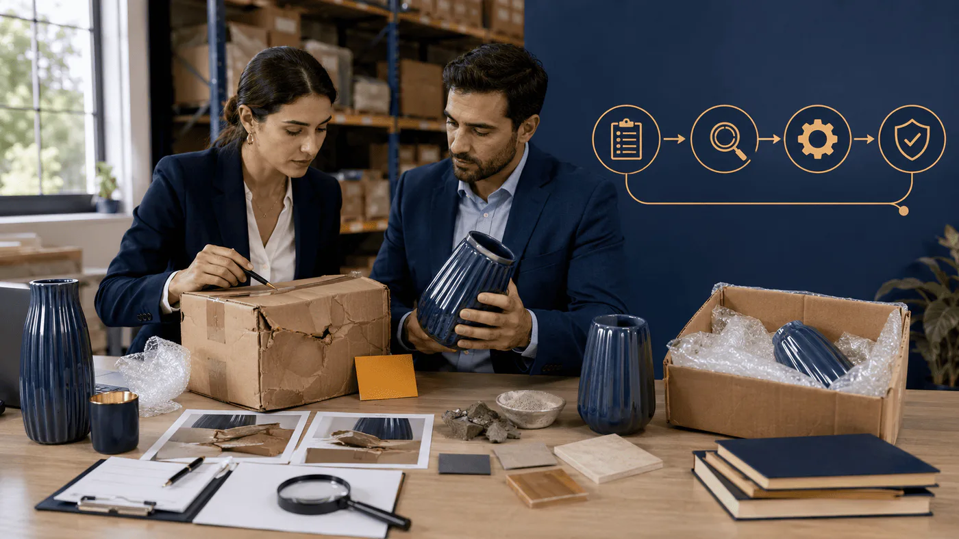 Buyer and supplier review a damaged shipment, evidence photographs, a quarantined carton, investigation notes, and a corrective-action checklist.