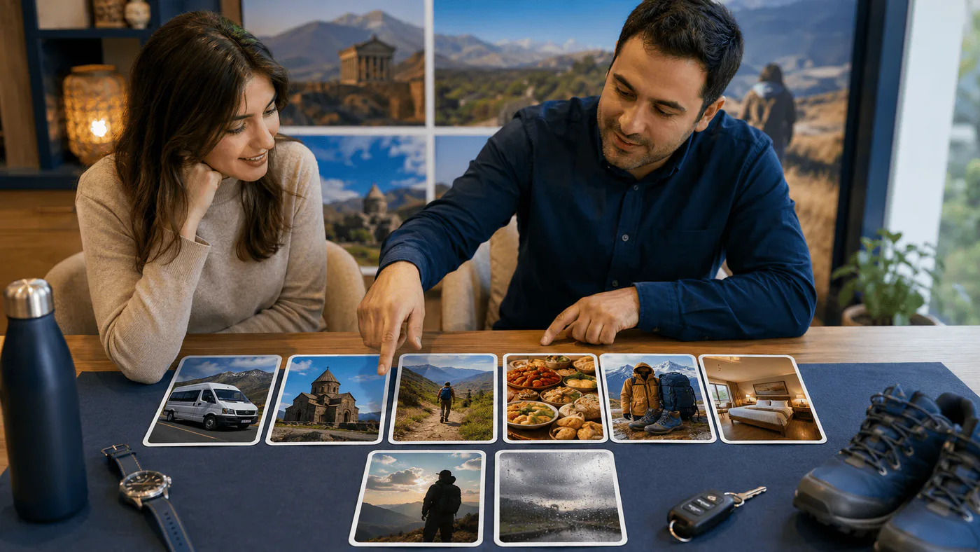 Armenian tour operator and traveler review a day-by-day plan with transport, walking, meals, equipment, timing ranges, and weather alternatives